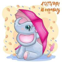 Cute cartoon elephant, childish character with beautiful eyes with umbrella, autumn vector