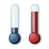 Hot and cold weather thermometers. Low and high temperature indicator. Measuring heat and cold. Blue and red color. Cartoon vector illustration