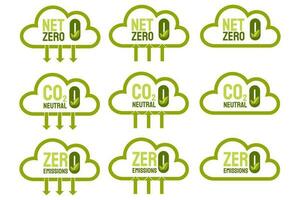 CO2 emission reduction icons. Eco friendly green cloud with arrows, net zero, zero emissions, co2 neutral. Zero carbon footprint vector illustration. Ecology environment improvement concept.