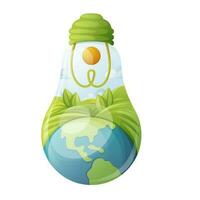 Light bulb with Earth and landscape, meadow and sun inside as a symbol of environmental friendly sources of energy, vector illustration, ecology concept. Save the planet.Go green.