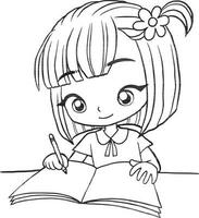 niña participación un libro dibujos animados garabatear kawaii anime colorante página linda ilustración dibujo personaje chibi manga cómic vector