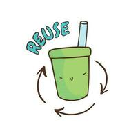 Cute vector doodle illustration of a glass of juice with reuse lettering. Design element for earth day and environment campaign