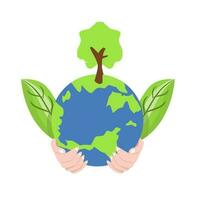 Save the Earth concept. Human hands holding Earth globe and tree. Vector illustration