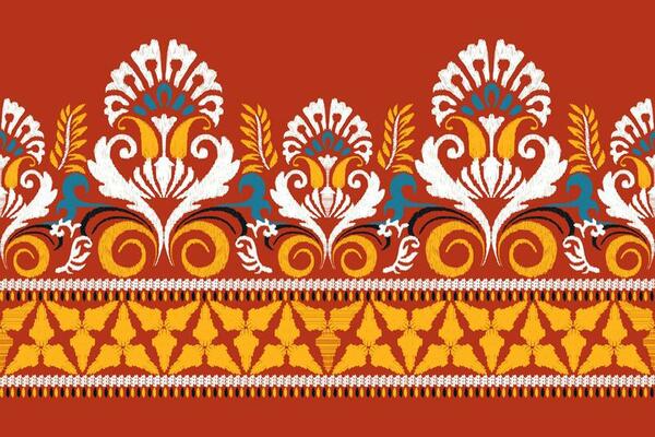 Ikat floral paisley embroidery on red background.Ikat ethnic oriental pattern traditional.Aztec style abstract vector illustration.design for texture,fabric,clothing,wrapping,decoration,sarong,scarf.