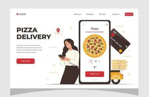 Food online order smartphone. Pizza delivery. Girl ordering pizza online and paying with card. Food delivery concept for banner, website design or landing web page. vector