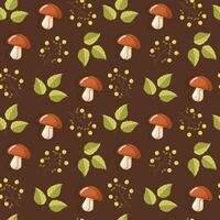 Autumn pattern with leaves, mushrooms and berries . Vector illustration.