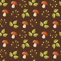 Autumn pattern with leaves, mushrooms and berries . Vector illustration.