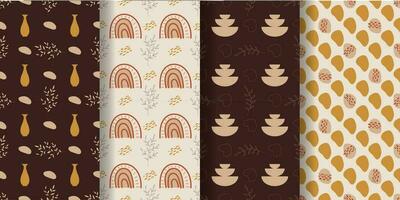 Aesthetic patterns. Boho patterns. Set of seamless pattern with leaves, vases, rainbows, dots and geomtric shapes in boho and aesthetic style. Vector Illustration.