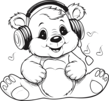 Cute bear is listening to music, colouring book for kids,illustration png