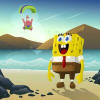 Cute Yellow Sponge Character at the Beach vector