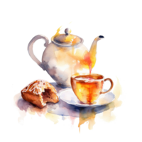 waterverf thee met theepot. illustratie ai generatief png