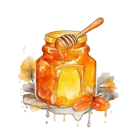 Watercolor honey jar with spoon. Illustration png