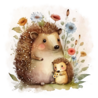 Cute little hedgehog with mom. Watercolor painting cutout. png