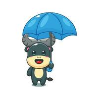 buffalo holding umbrella cartoon vector illustration.