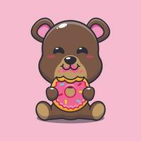 bear eating donut cartoon vector illustration.