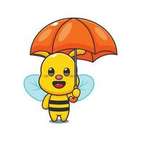 bee holding umbrella cartoon vector illustration.