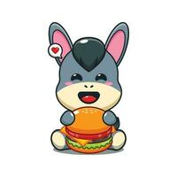 donkey with burger cartoon vector illustration.