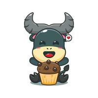 buffalo with cup cake cartoon vector illustration.