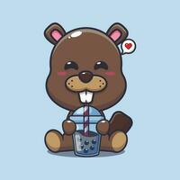 beaver drink boba milk tea cartoon vector illustration.