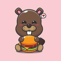 beaver with burger cartoon vector illustration.