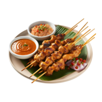 Chicken grilled satay skewers served with lime and peanut sauce, top view. Asian food. png