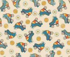 Vector seamless pattern with roller skates. Vintage repeating texture with roller skates, flowers. Bright retro print for fabric, home decor and wrapping paper.