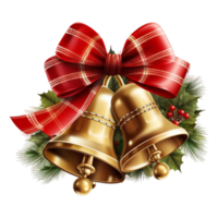 Christmas Holly And Ribbon Decorated Golden Textured Bells. png