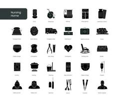 A set of glyph icons nursing home, with care for the elderly, control of medication intake, medical care, physical health, organization of leisure. vector