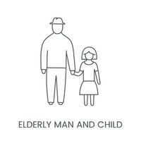 An elderly man holds a child's hand, a linear vector icon.