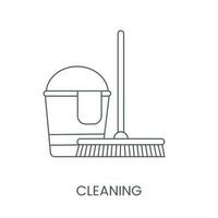 Cleaning icon with the image of a bucket and a mop, linear vector illustration.