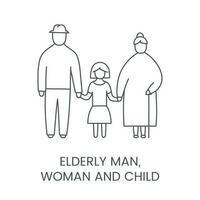 un mayor hombre, mujer y niño sostener manos, vector lineal icono.