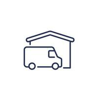 Home delivery line icon with van and house vector