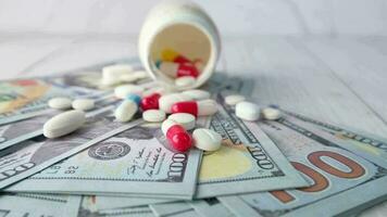 cuidados de saúde custo conceito com nos dólar, recipiente e pílulas em mesa video