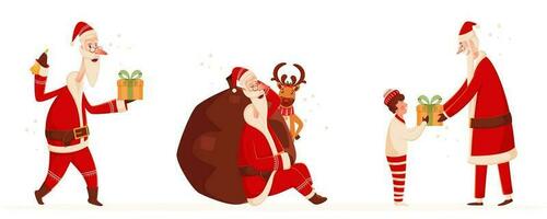 Santa Claus Character in Different Poses with Heavy Sack, Reindeer and Boy on White Background. vector