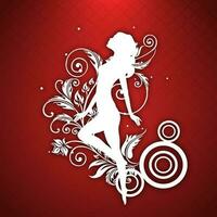 Happy Womens Day greeting card or poster design with white silhouette of a girl in dancing pose on red background. vector