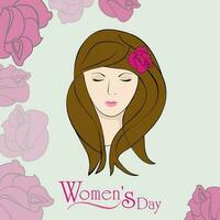Sketch of a beautiful girl on floral decorated background for Happy Women's Day. vector