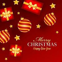 Merry Christmas greeting design decorated with gifts and baubles on red background. vector