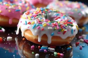 Close up of a doughnut sprinkled with frosting and colorful candy bits. photo