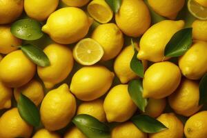 Yellow lemons close up background. photo