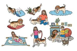 Hand Drawn beagle dog and family collection in flat style illustration for business ideas vector