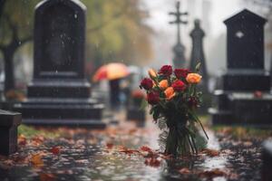 lluvioso funeral. cementerio en un lluvioso día con flores y borroso antecedentes. generativo ai foto