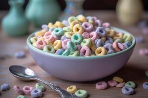 pastel de colores froot bucles con pequeño cuchara. delicioso Fruta cereal anillos generativo ai foto