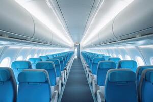 Interior of modern aircraft with flight seats and hallway in daytime during flight. photo