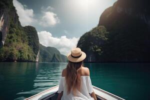 turista mujer en vestir relajante en barco a el hermosa islas, espalda vista. generativo ai foto