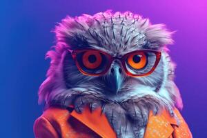 Portrait of intelligent owl wearing a pair of glasses and a tie. Bright colors. Generative AI photo