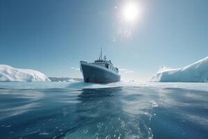 Antarctic landscape with ship and icebergs. The ship driving through frozen sea. photo