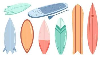 varios tipos de tablas de surf colocar. vistoso largo y corto agua tableros diferente diseño. plano vector ilustración aislado en blanco antecedentes.