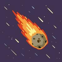 Flying asteroid, Burning comet on background of night sky. Dangerous space object. Astronomical object with tail vector design illustration