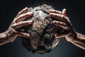 Hands crush the earth globe. Environmental issues. Destroying the Earth. photo