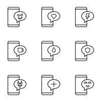 vector contorno señales y símbolos dibujado en plano estilo con negro Delgado línea. editable trazos línea íconos de sonrisa, diamante, destello, iluminación, taza, soltar en habla burbuja por teléfono inteligente